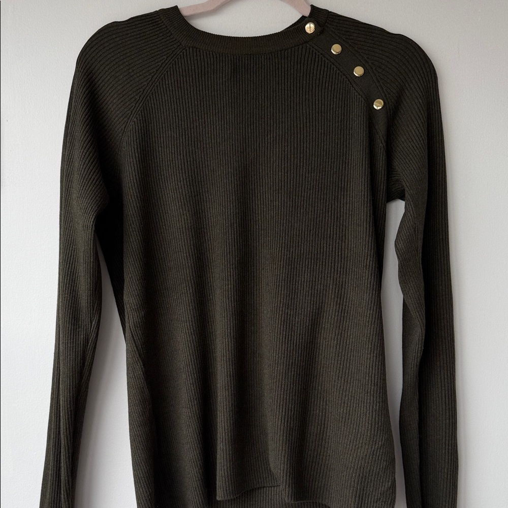 Green dark Olive Ribbed Sweater with Gold Button Accents Holidays, Christmas